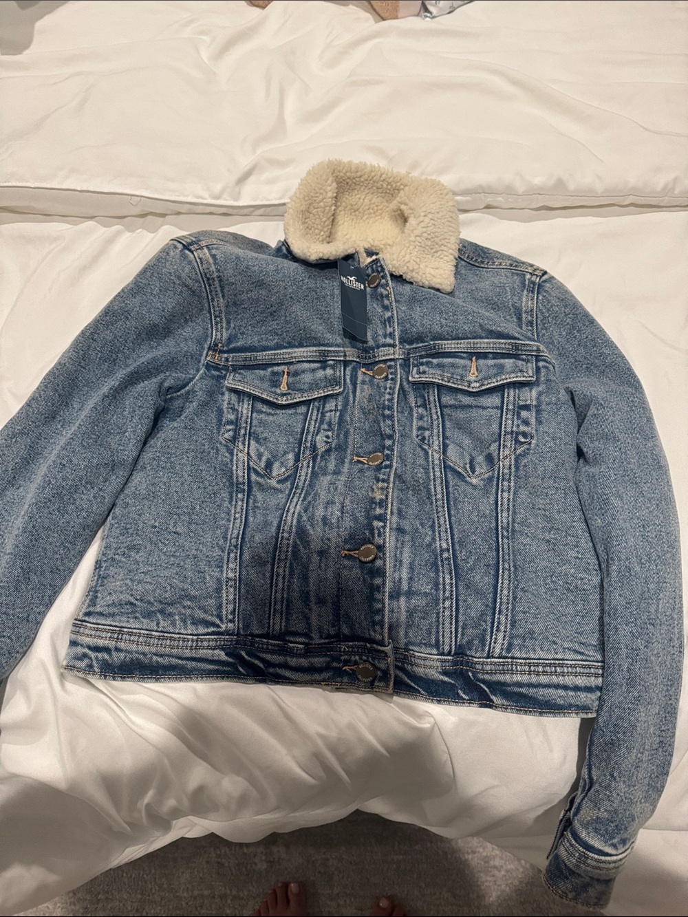 Hollister Light Blue Denim Jacket with Cream Sherpa Collar